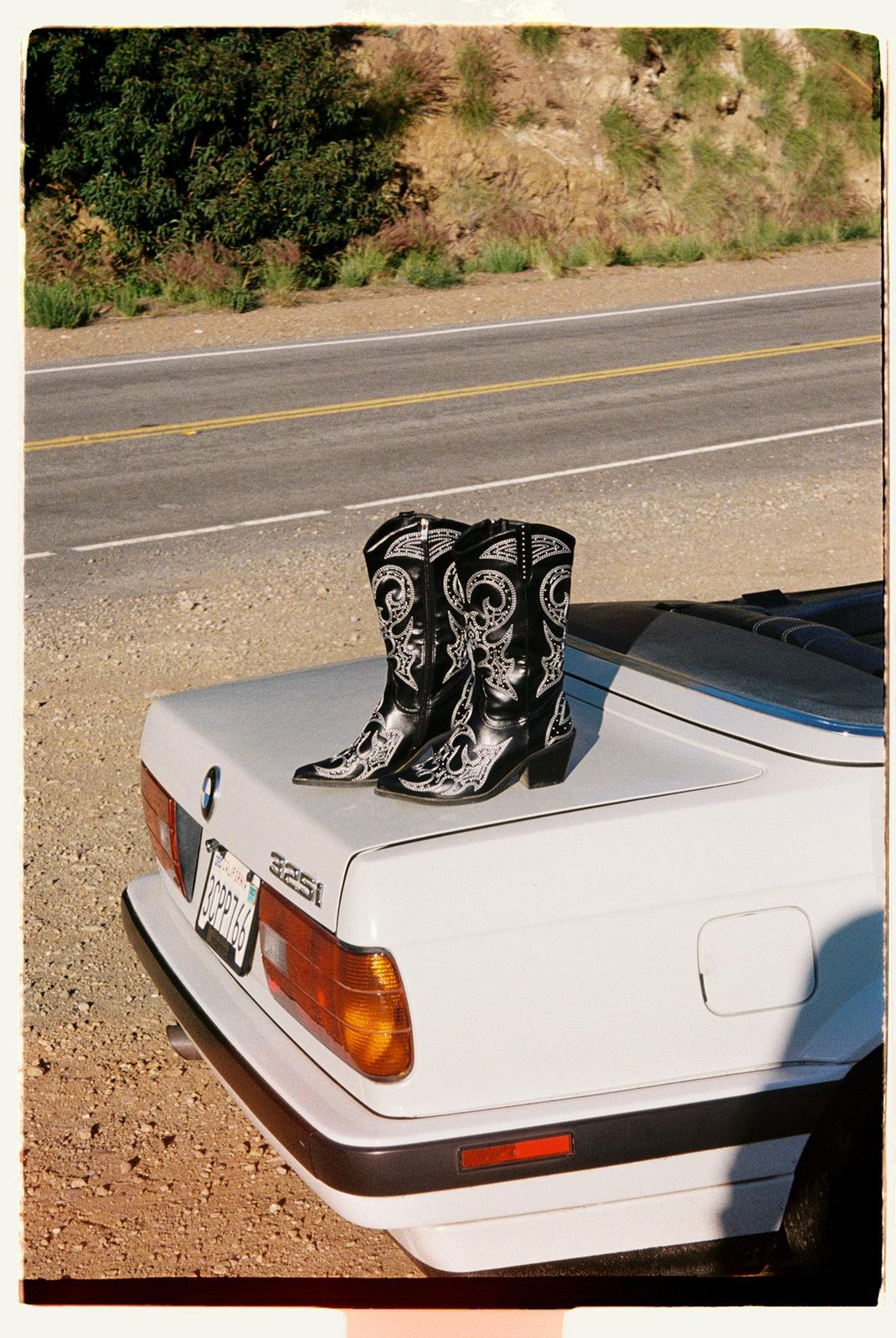 Black Faux Leather Contrast Stitch Cowboy Boots  image number 1