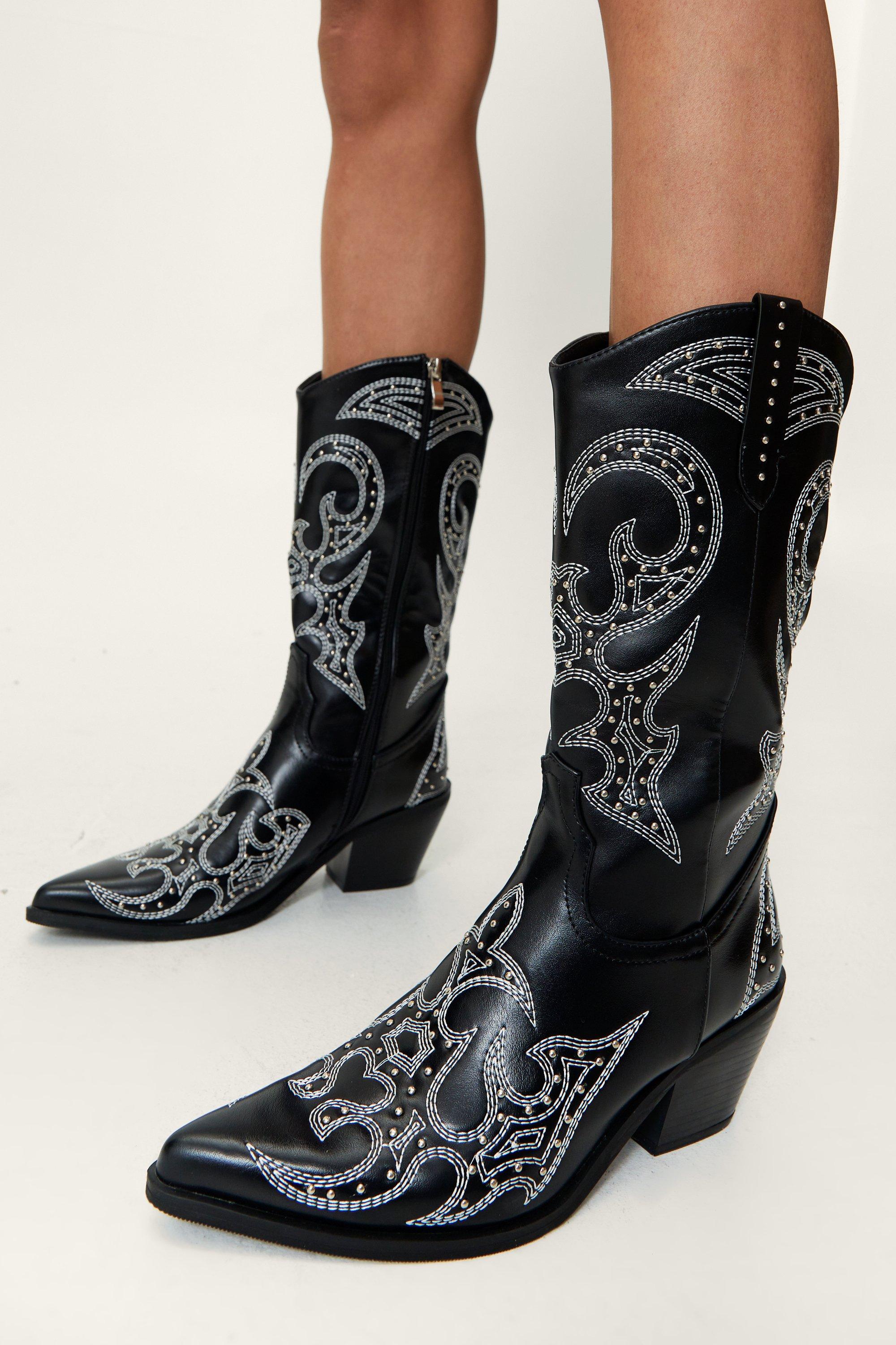 Faux Leather Contrast Stitch Cowboy Boots