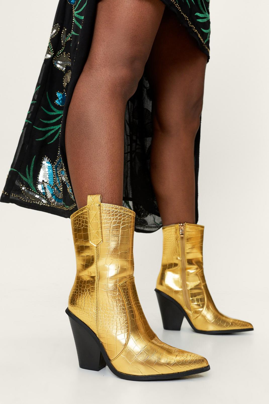 Gold Metallic Croc Embossed Ankle Cowboy Boots image number 1