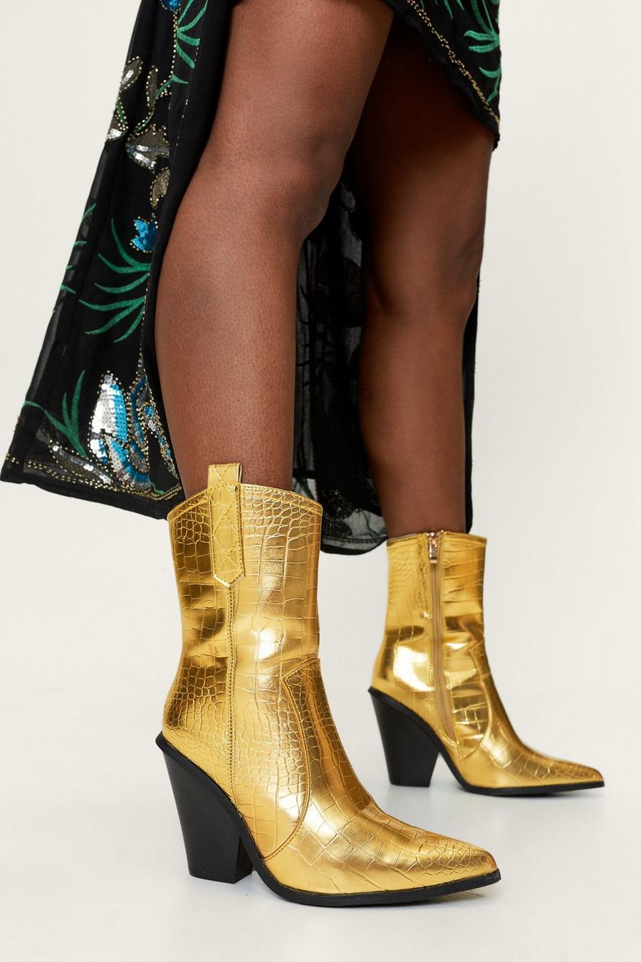 Metallic Croc Embossed Ankle Cowboy Boots
