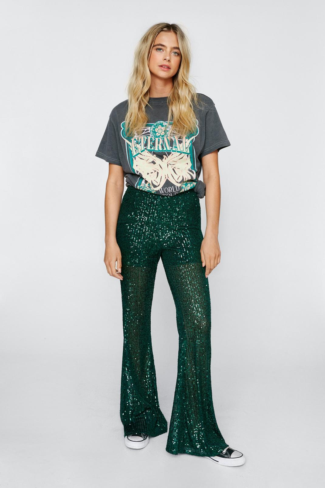 Green High Waisted Sequin Flared Pants image number 1