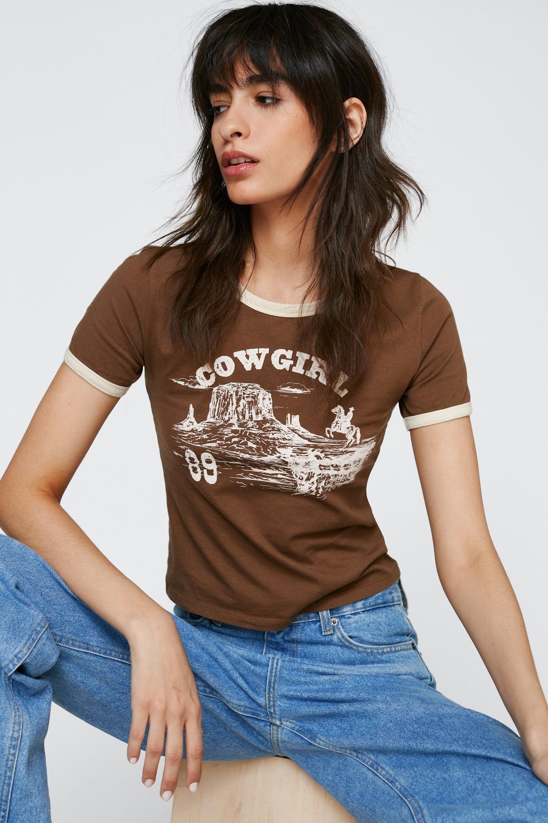 Chocolate Cow Girl Ringer Graphic Crew Neck Top image number 1