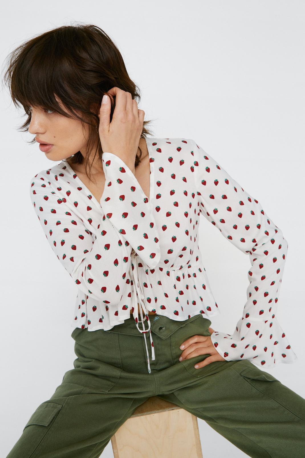 White Petite Strawberry Print Tie Front Blouse image number 1