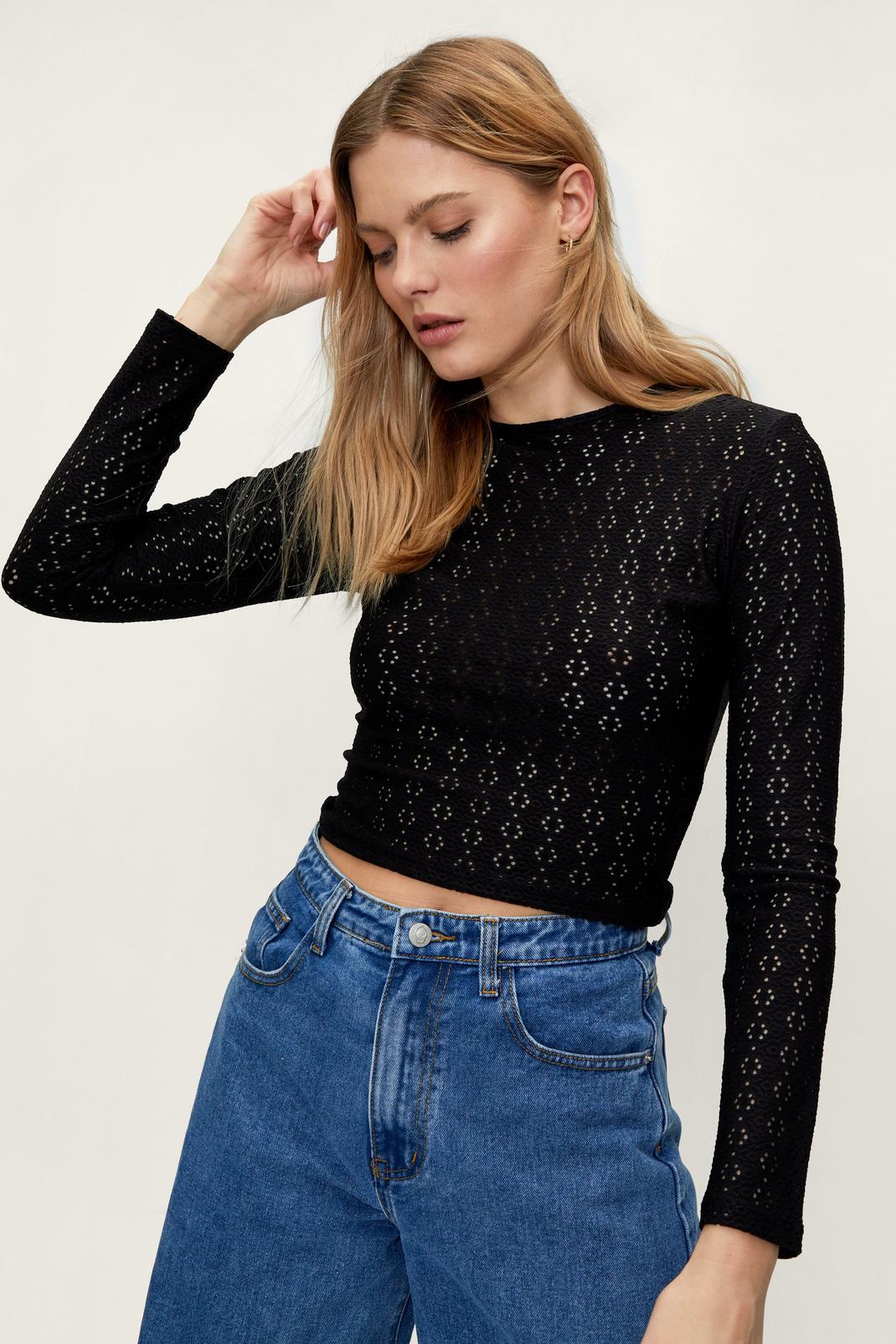 Black Cutwork Embroidered Crew Neck Top image number 1