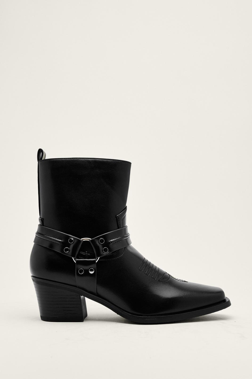 Black Faux Leather O Ring Ankle Western Boots image number 1