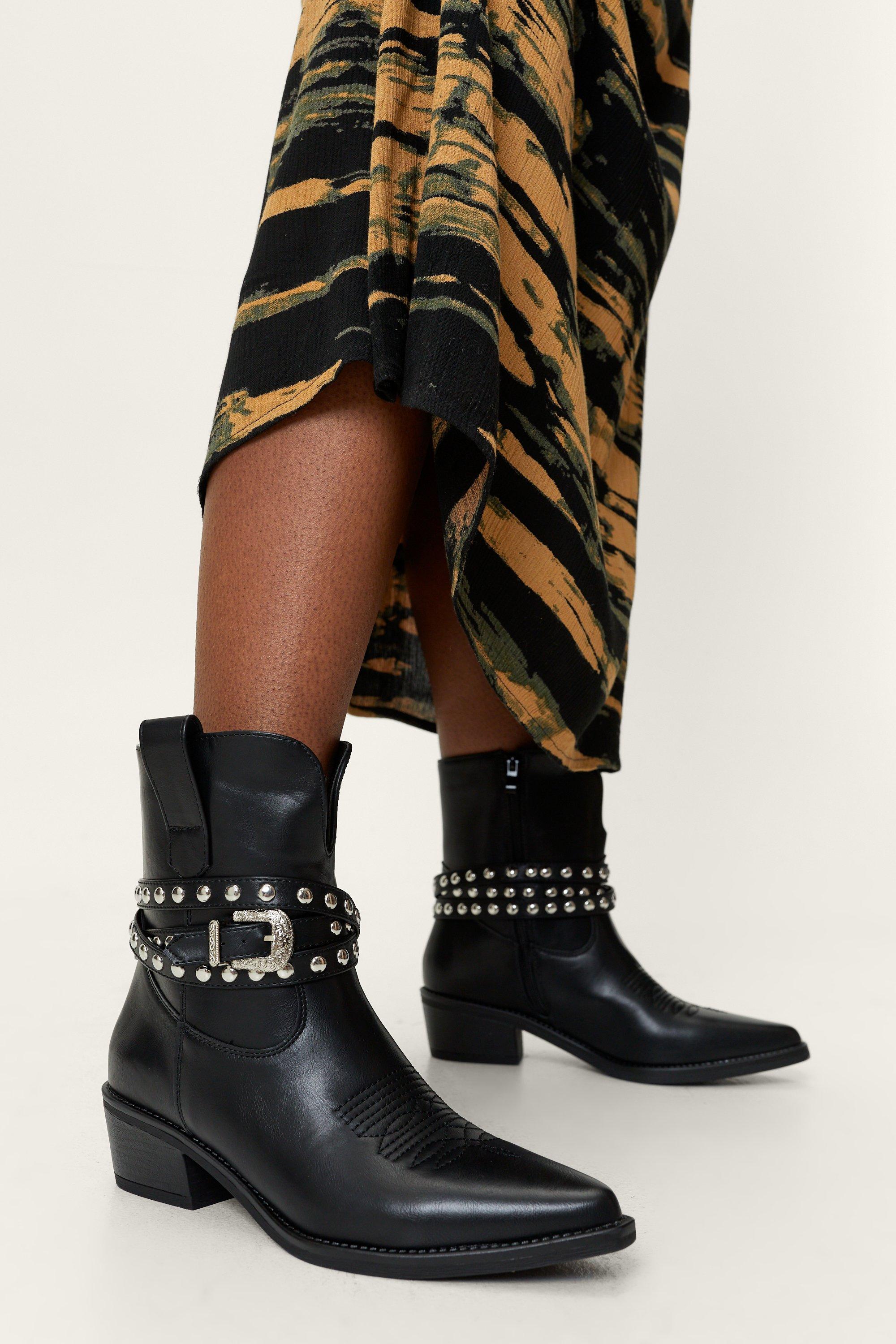 Faux Leather Stud Strap Ankle Cowboy Boots