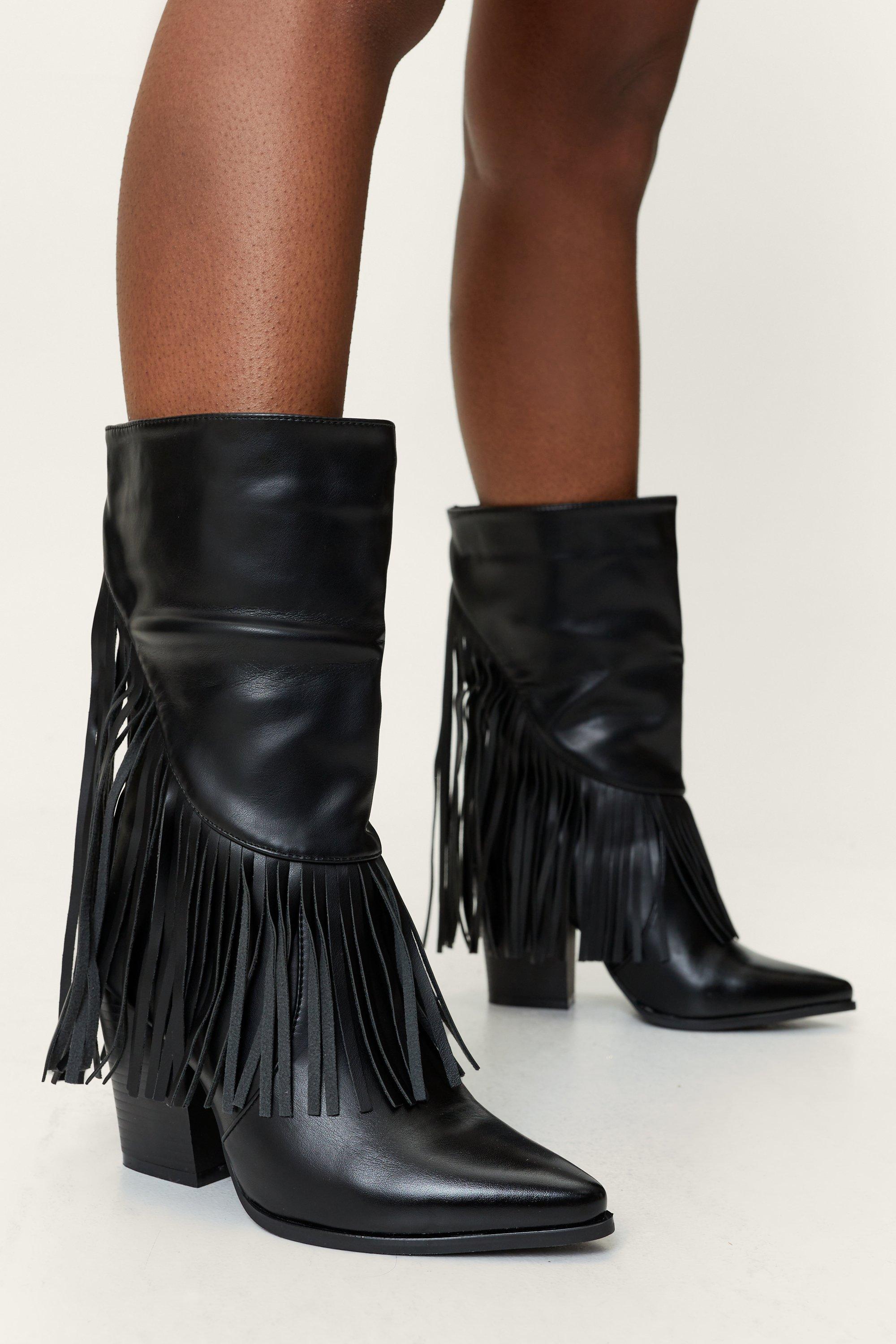 Faux Leather Fringed Western High Boots