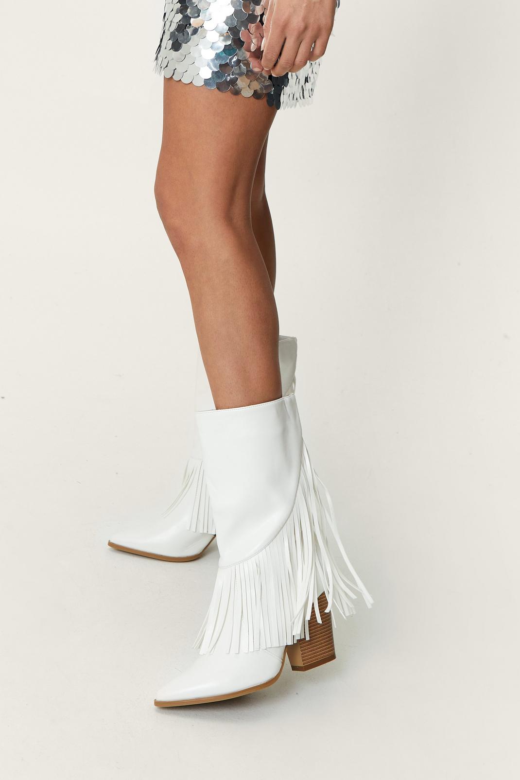 White Faux Leather Fringe Western Boots image number 1