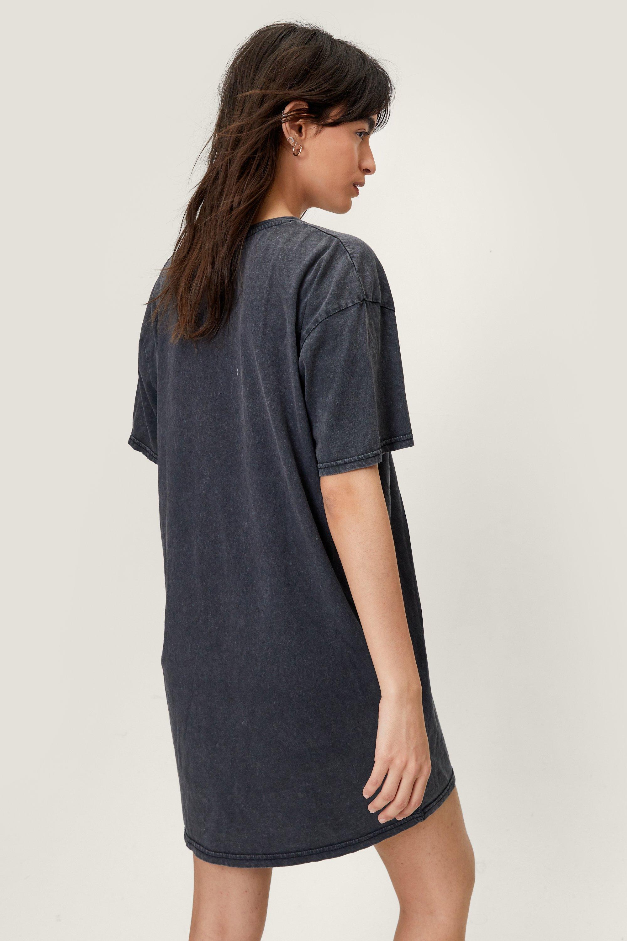 V Neck 'Colorado' Graphic Print Side Split Detail Oversized T-Shirt Dress  In Charcoal Acid Wash