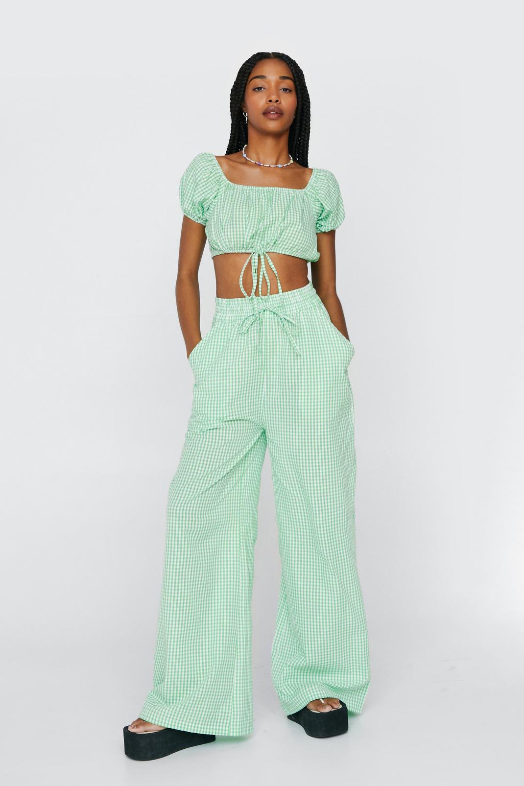 Green Gingham Elasticated Wide Leg Trousers image number 1