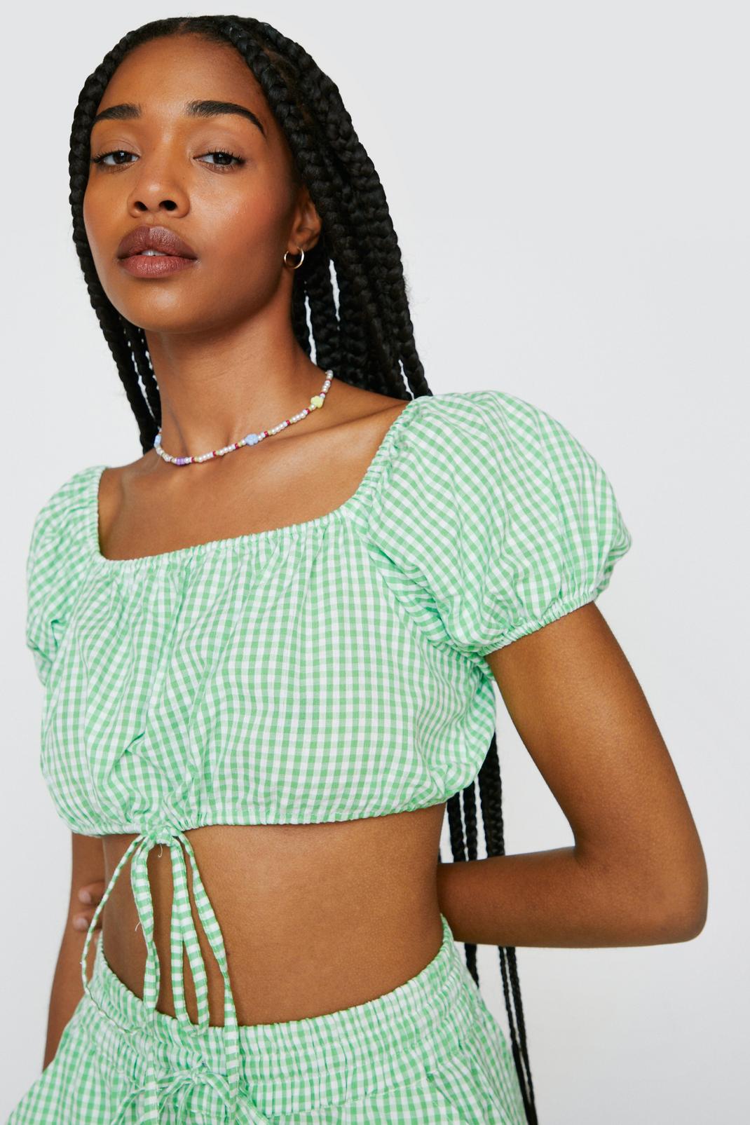 Green Gingham Gathered Crop Top      image number 1