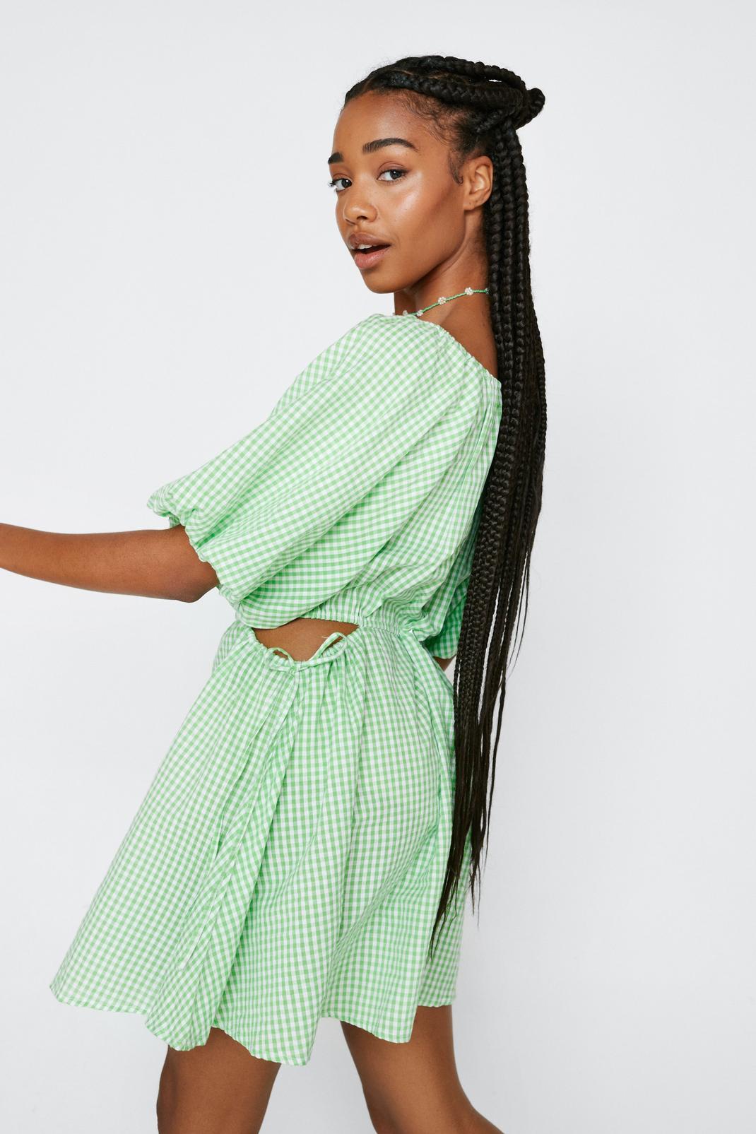 Green Gingham Print Cut Out Smock Dress image number 1