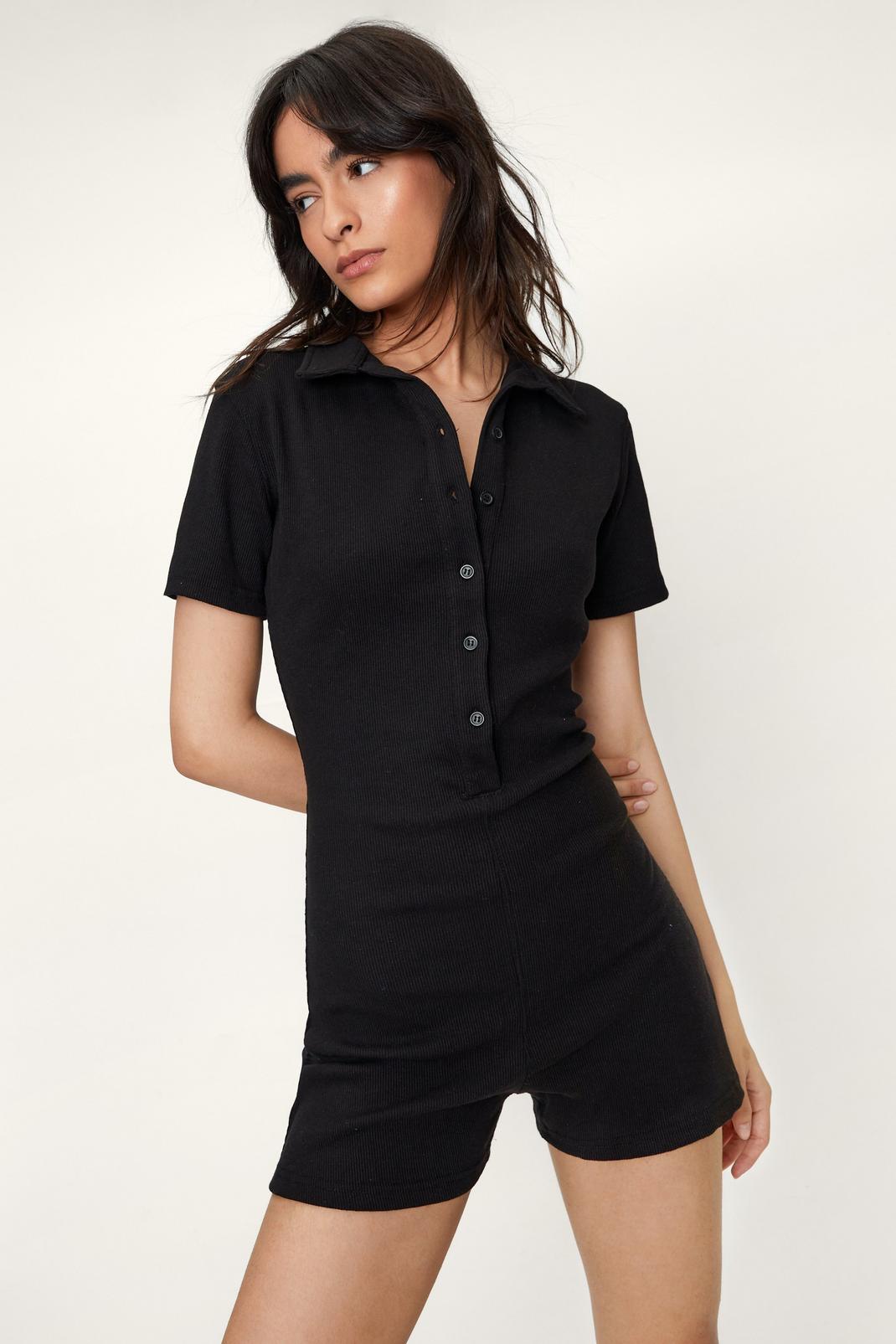 Black Ribbed Collar Button Down Playsuit image number 1