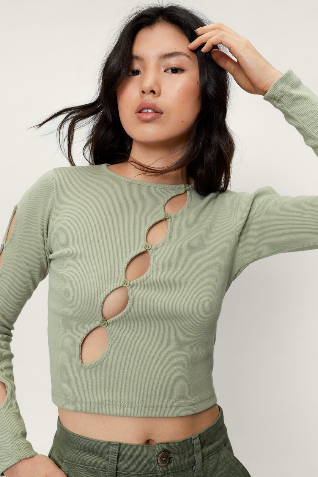 Sage Ribbed Cut Out Long Sleeved Top image number 1