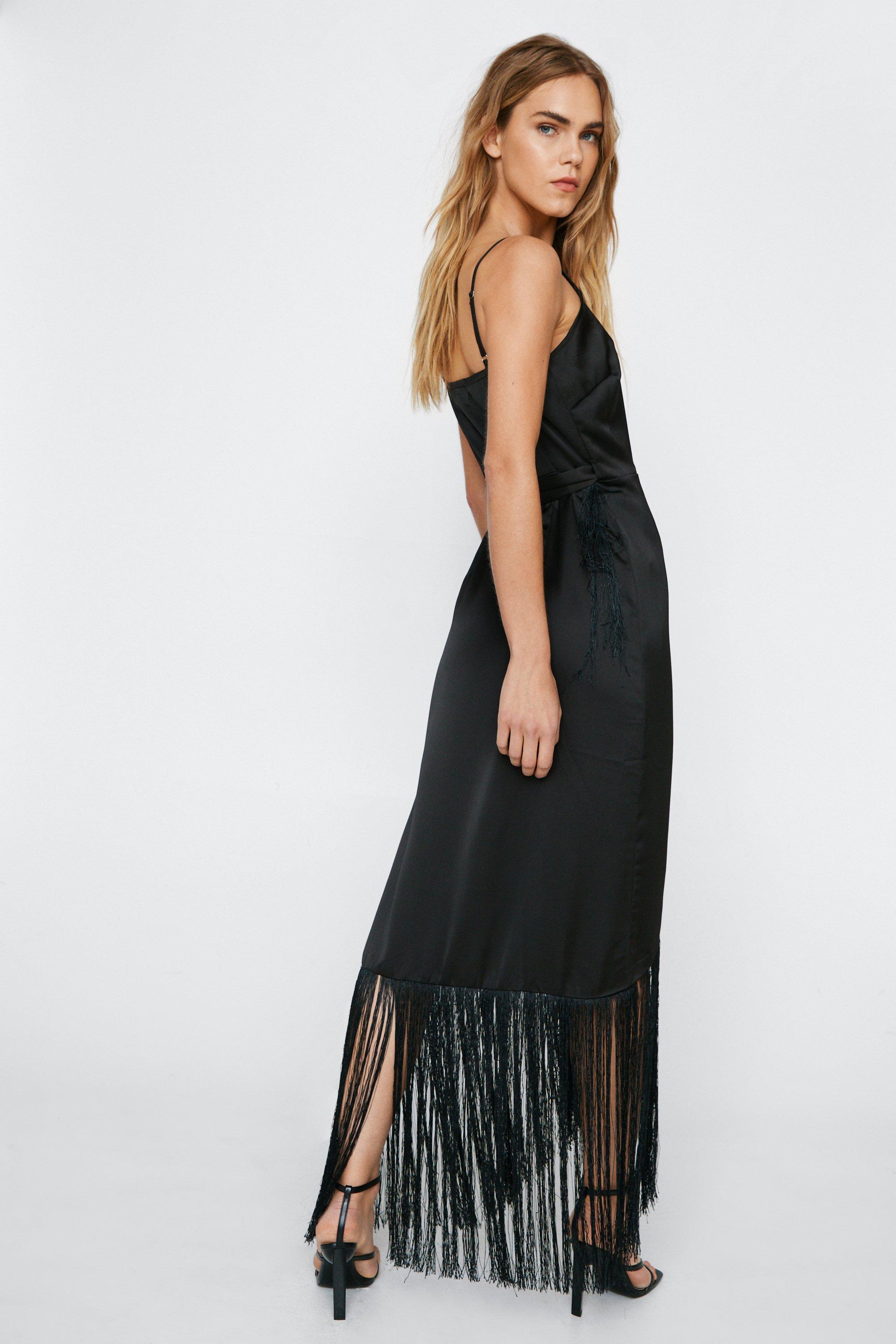 VISCOSE SATIN DRESS WITH APPLIED FRINGES
