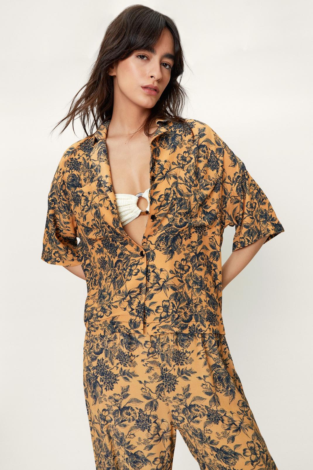 Lemon Floral Print Resort Cover Up Shirt image number 1
