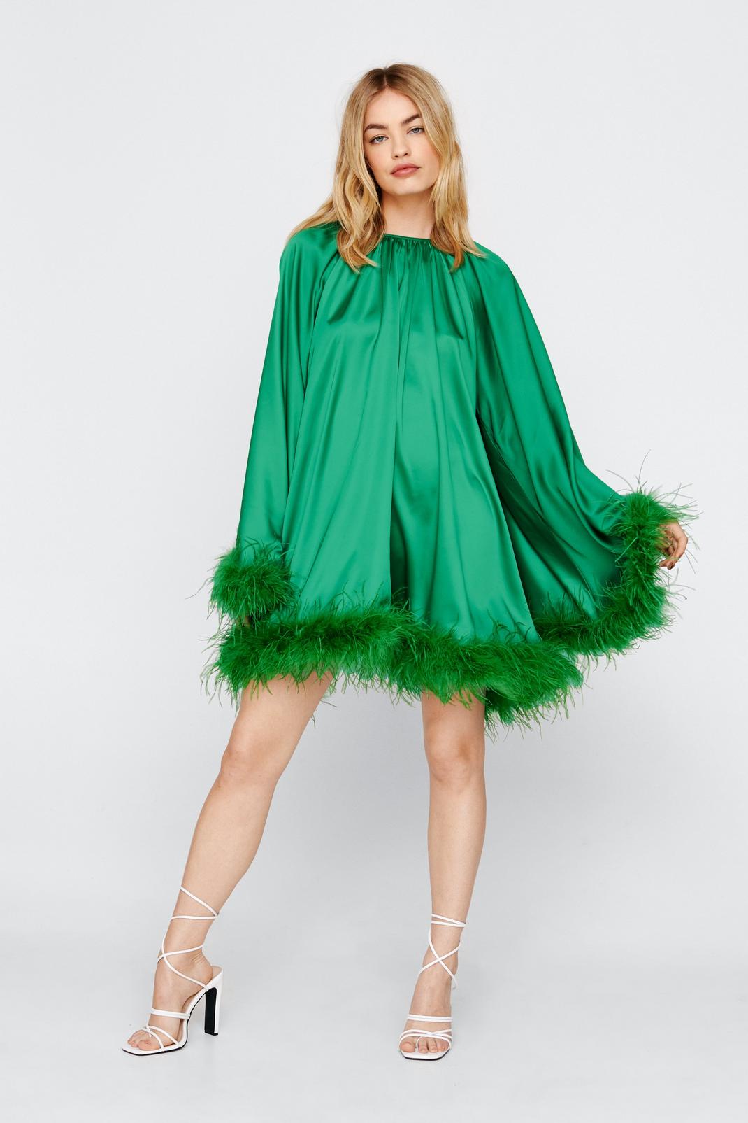 Green Feather Trim Satin Super Swing Mini Dress image number 1