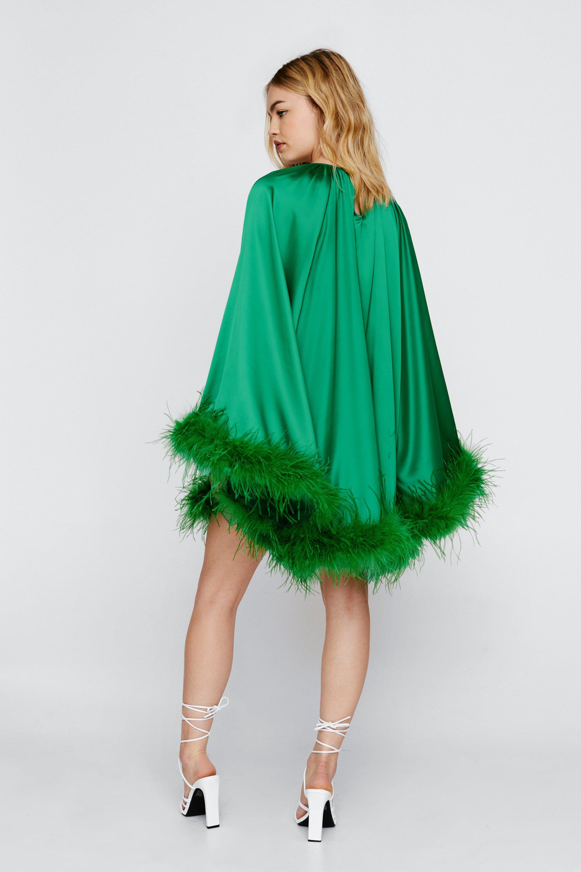 Feather Trim Satin Swing Dress