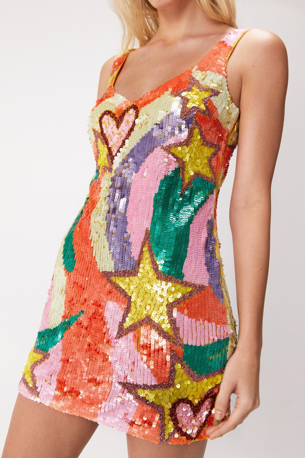 Multi Sequin Star And Heart Mini Dress image number 1