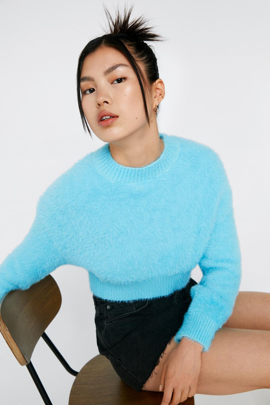 Blue Cosy Crew Neck Cropped Jumper image number 1