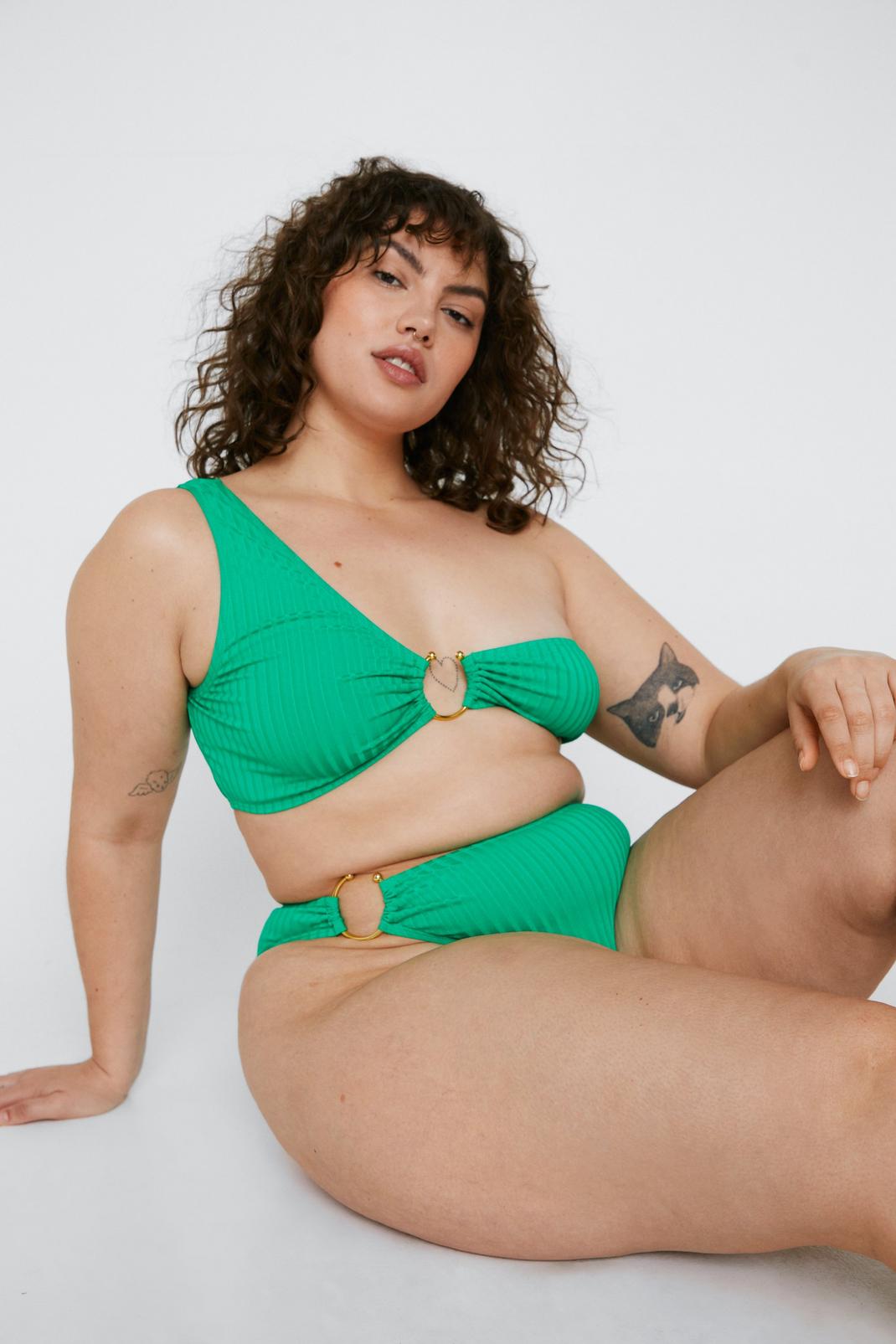 Grande taille - Bas de bikini taille haute avec détail anneau, Green image number 1