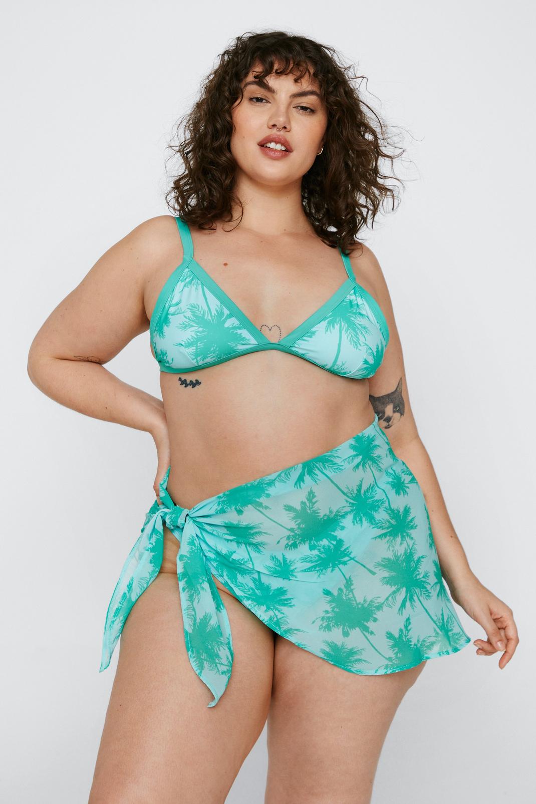 Grande taille - Ensemble bikini recyclé avec triangle et à imprimé palmier, Green image number 1