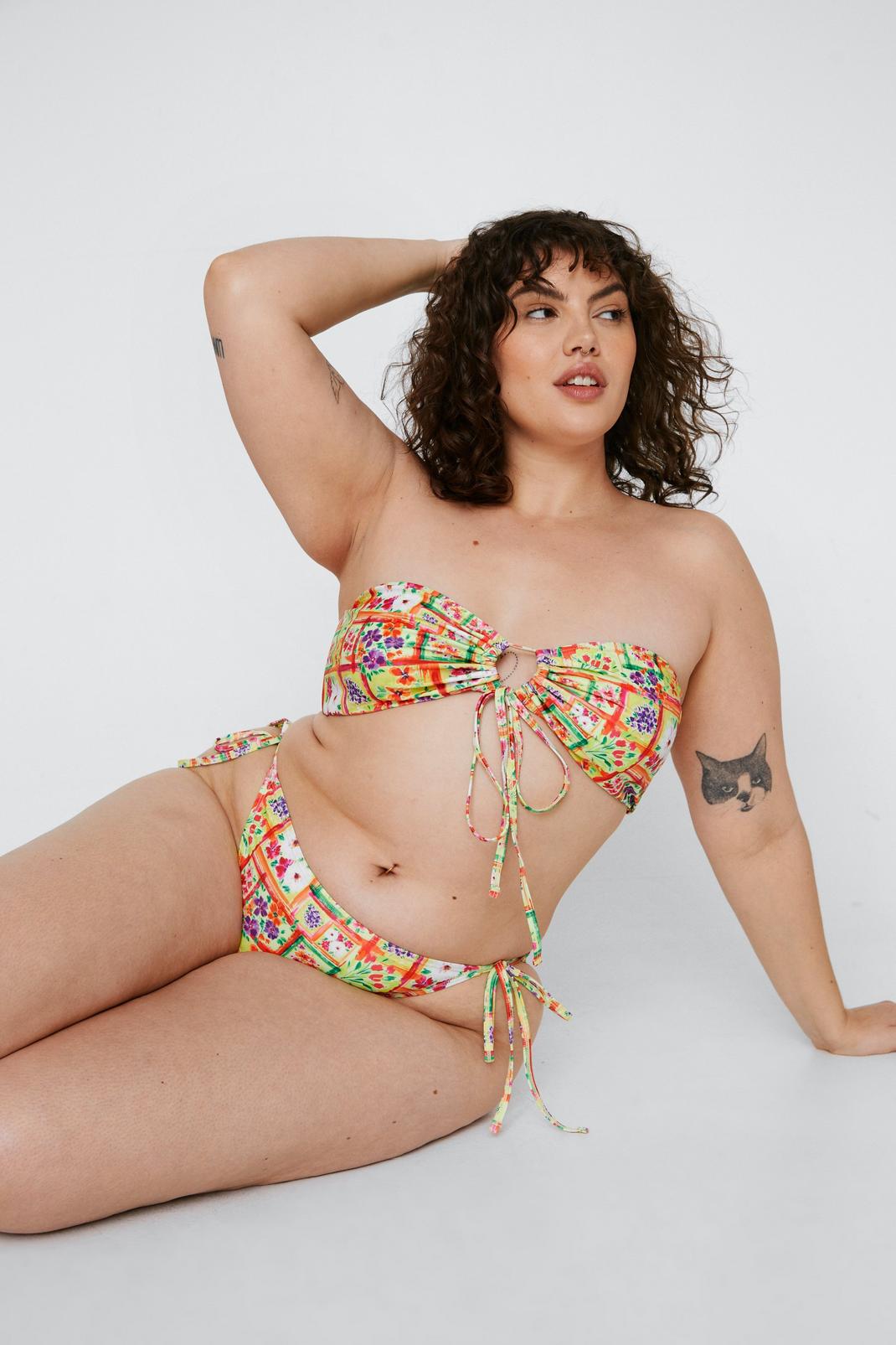Yellow Plus Size Recycled Floral Print Bandeau Bikini image number 1
