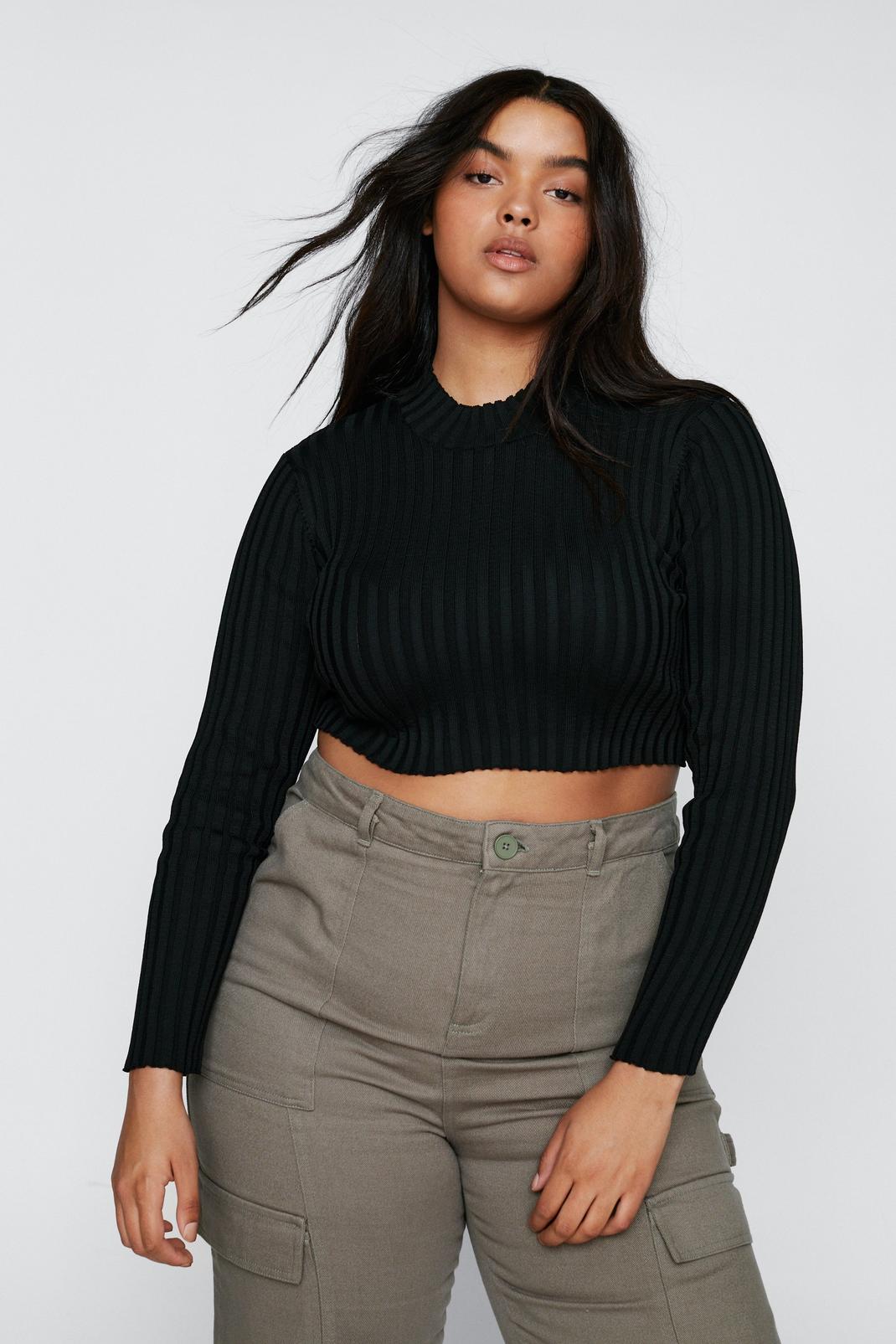 Black Plus Size Ribbed Long Sleeve Top image number 1