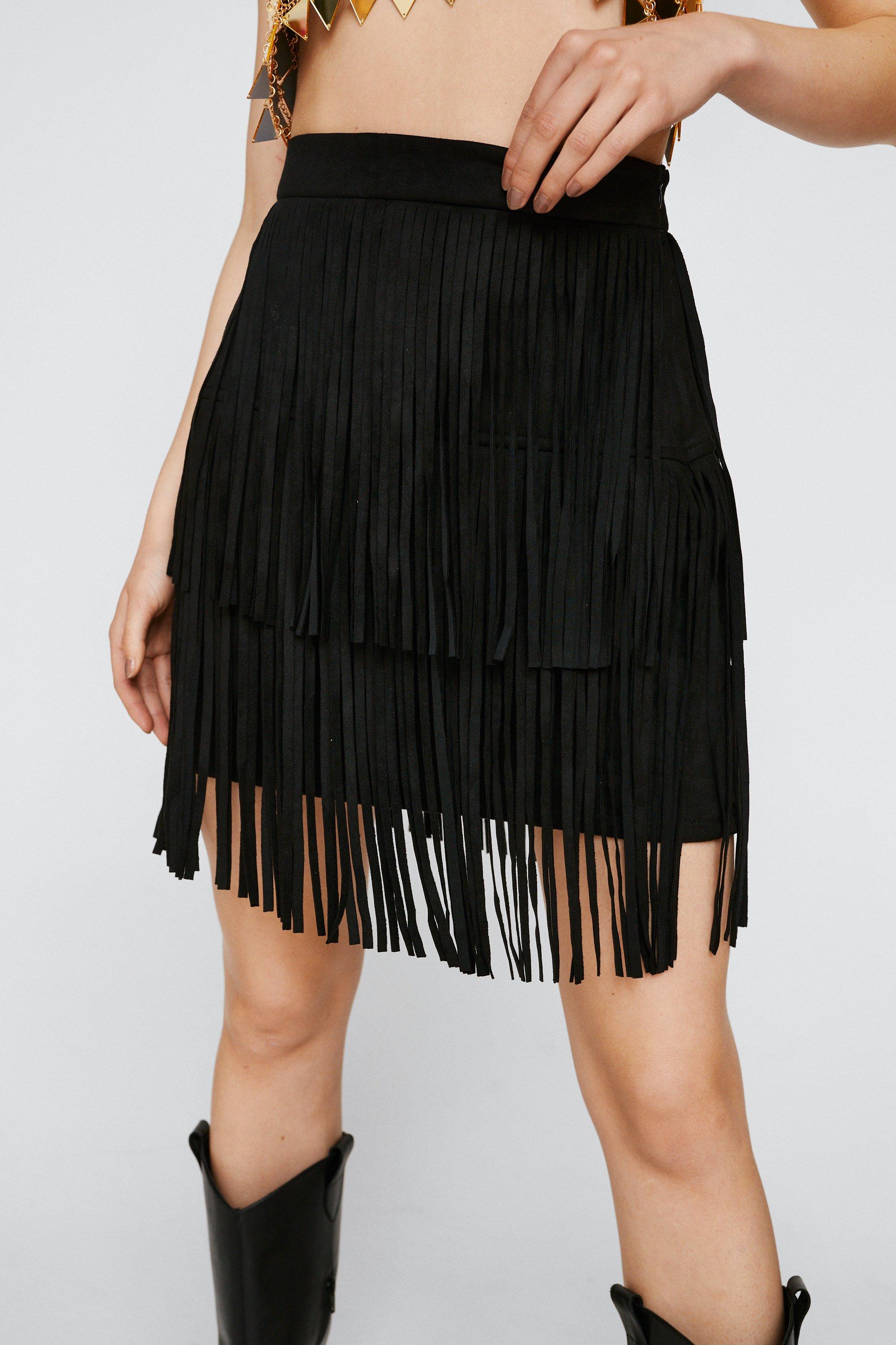 Black suede 2025 fringe mini skirt