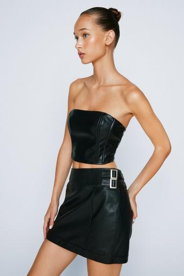 Black Buckle Detail Real Leather Mini Skirt