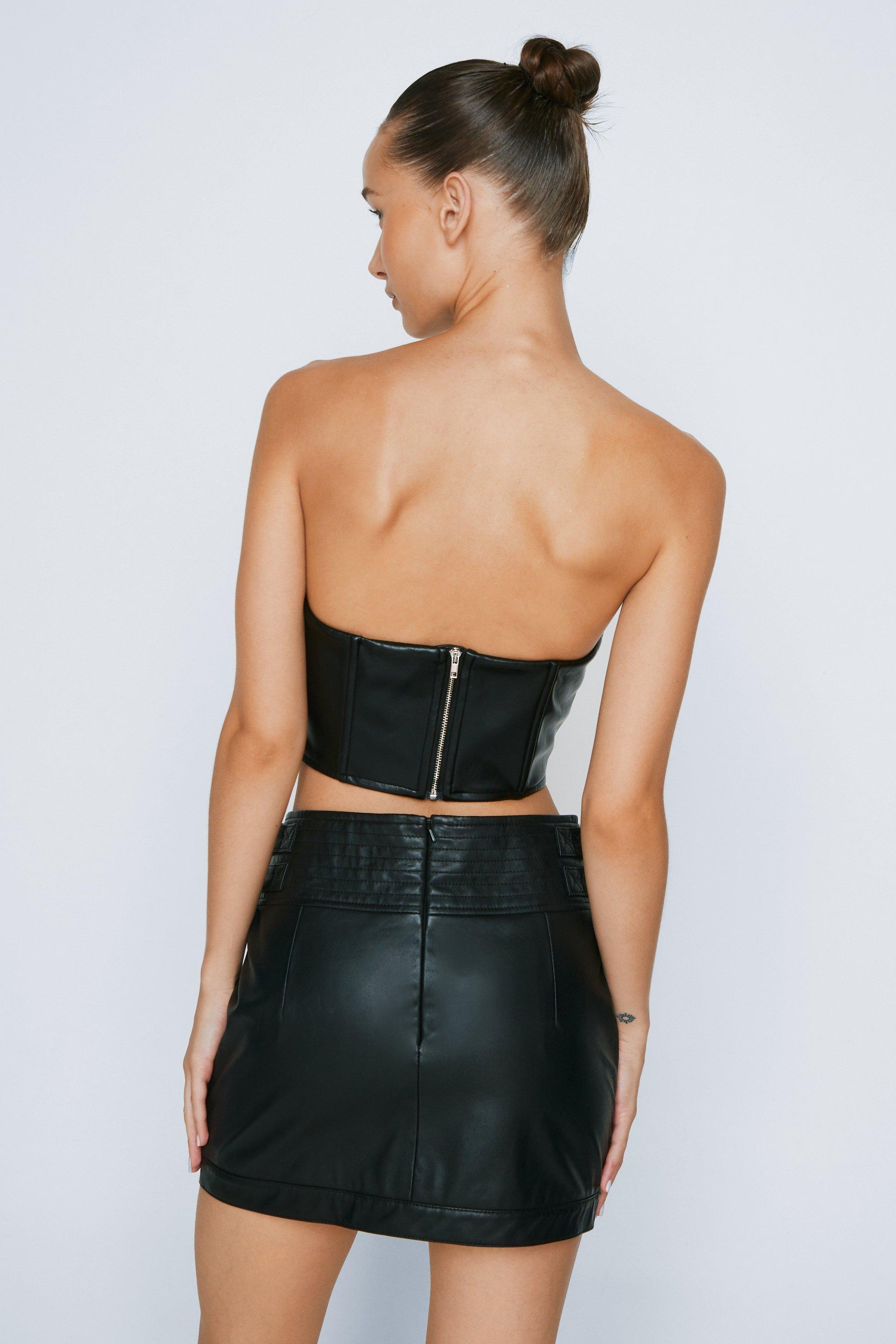 Strapless Buckle Faux Leather Dress in Black
