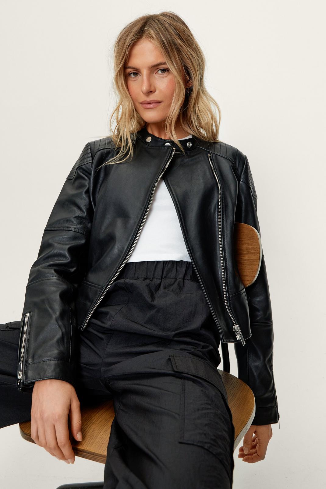 Black Real Leather Collarless Quilted Jacket image number 1