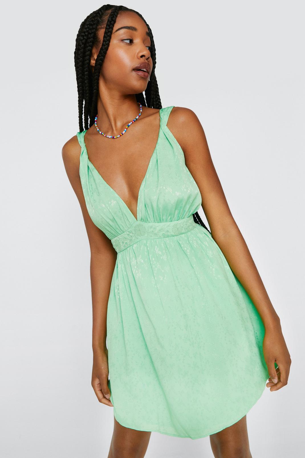 Green Plunge Jacquard Lace Detail Mini Dress image number 1