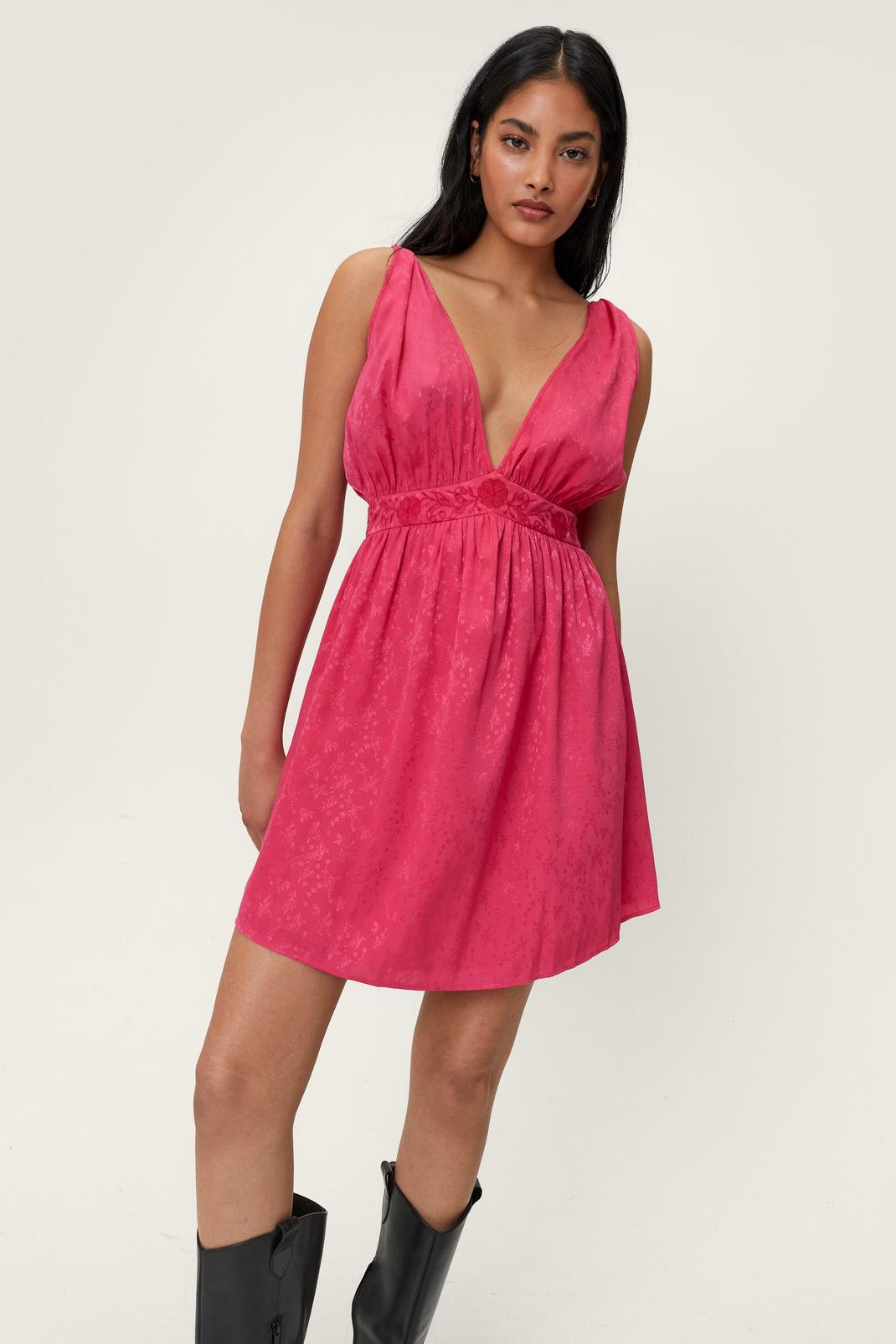 Pink Plunge Jacquard Lace Detail Mini Dress image number 1