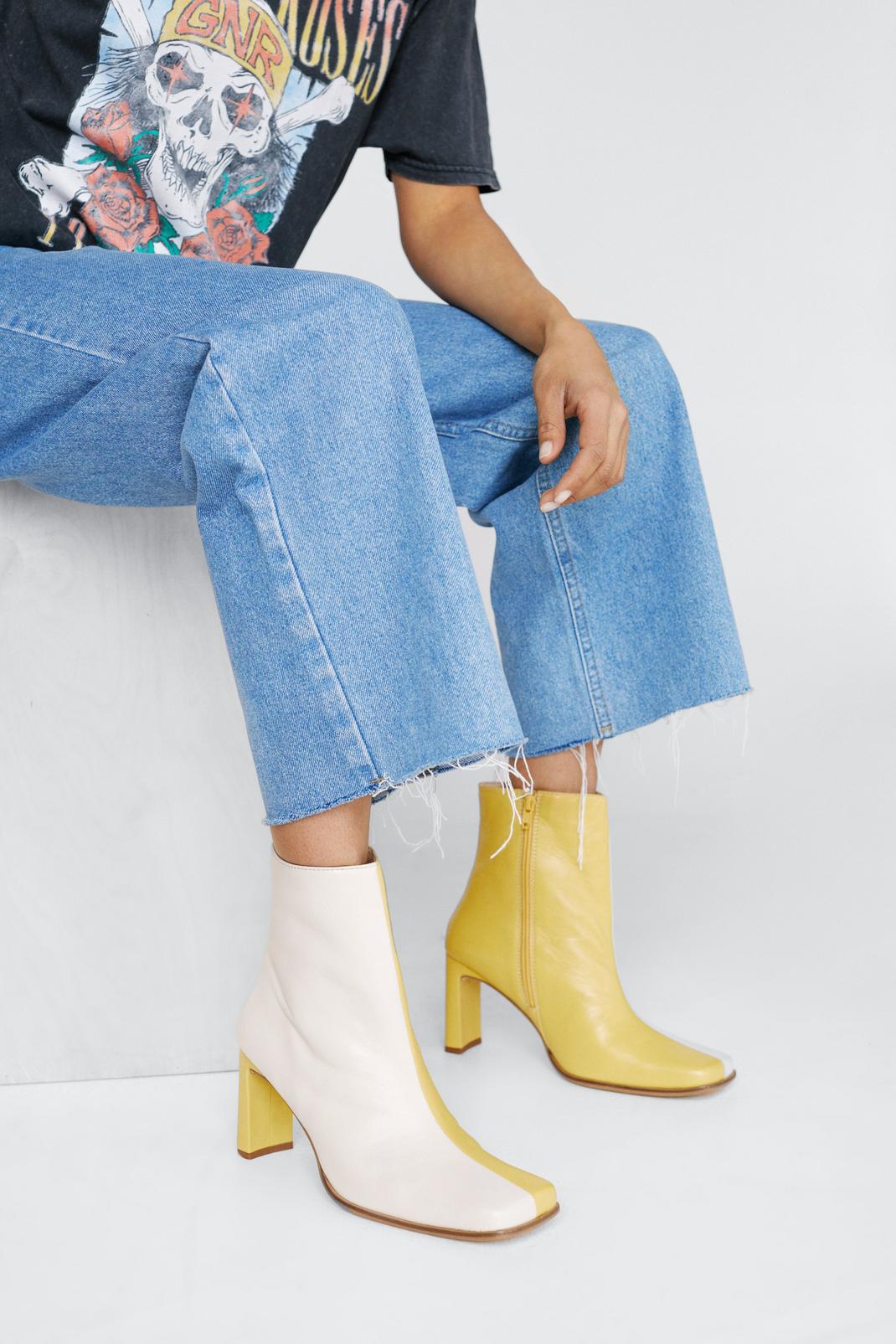 Yellow Leather Two Tone Square Tone Ankle Boot image number 1