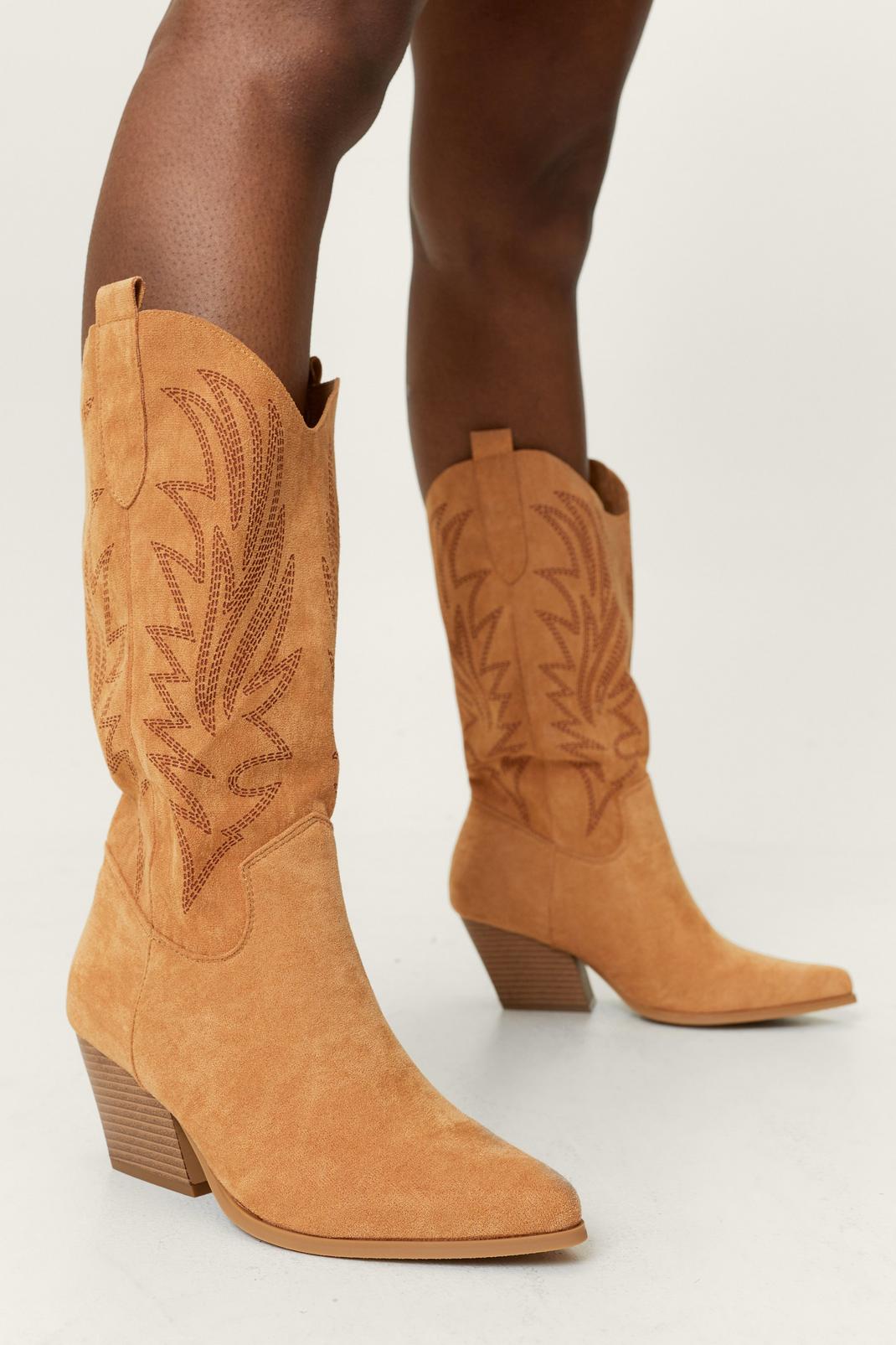 Camel Faux Suede Embroidered Cowboy Boots image number 1