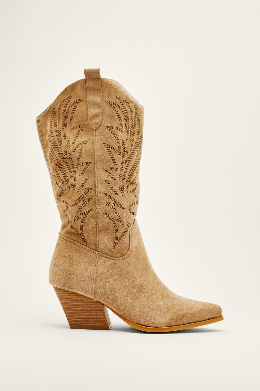 Khaki Faux Suede Embroidered Cowboy Boots image number 1