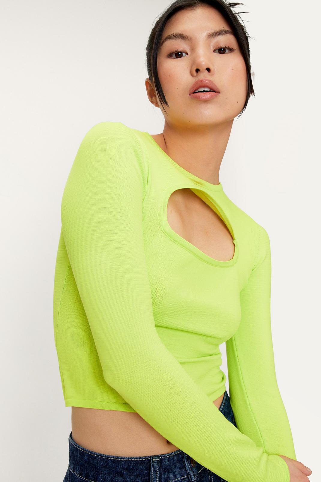 Lime Knitted Cut Out Long Sleeve Top image number 1