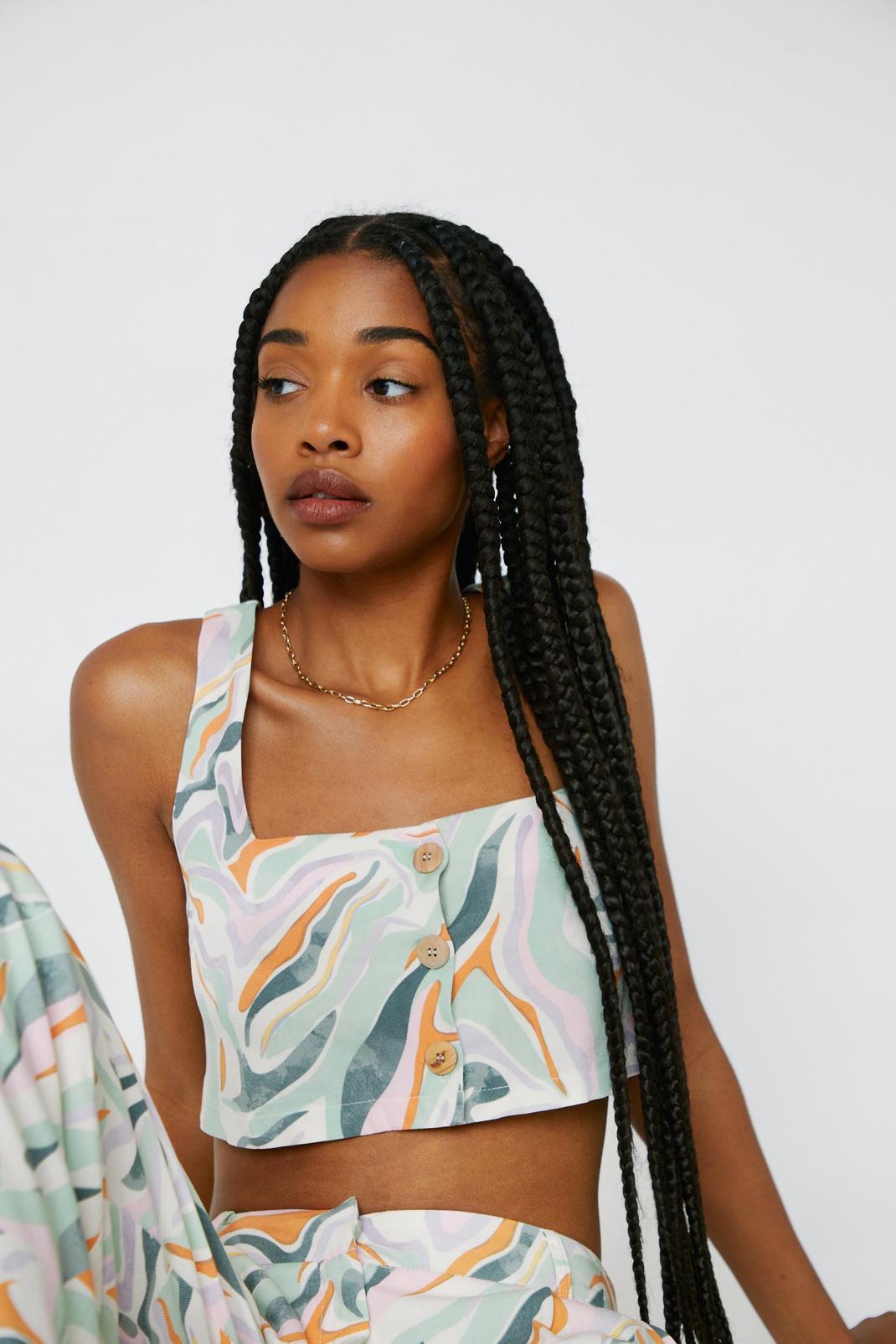 Multi Marble Print Button Crop Top Co-ord image number 1