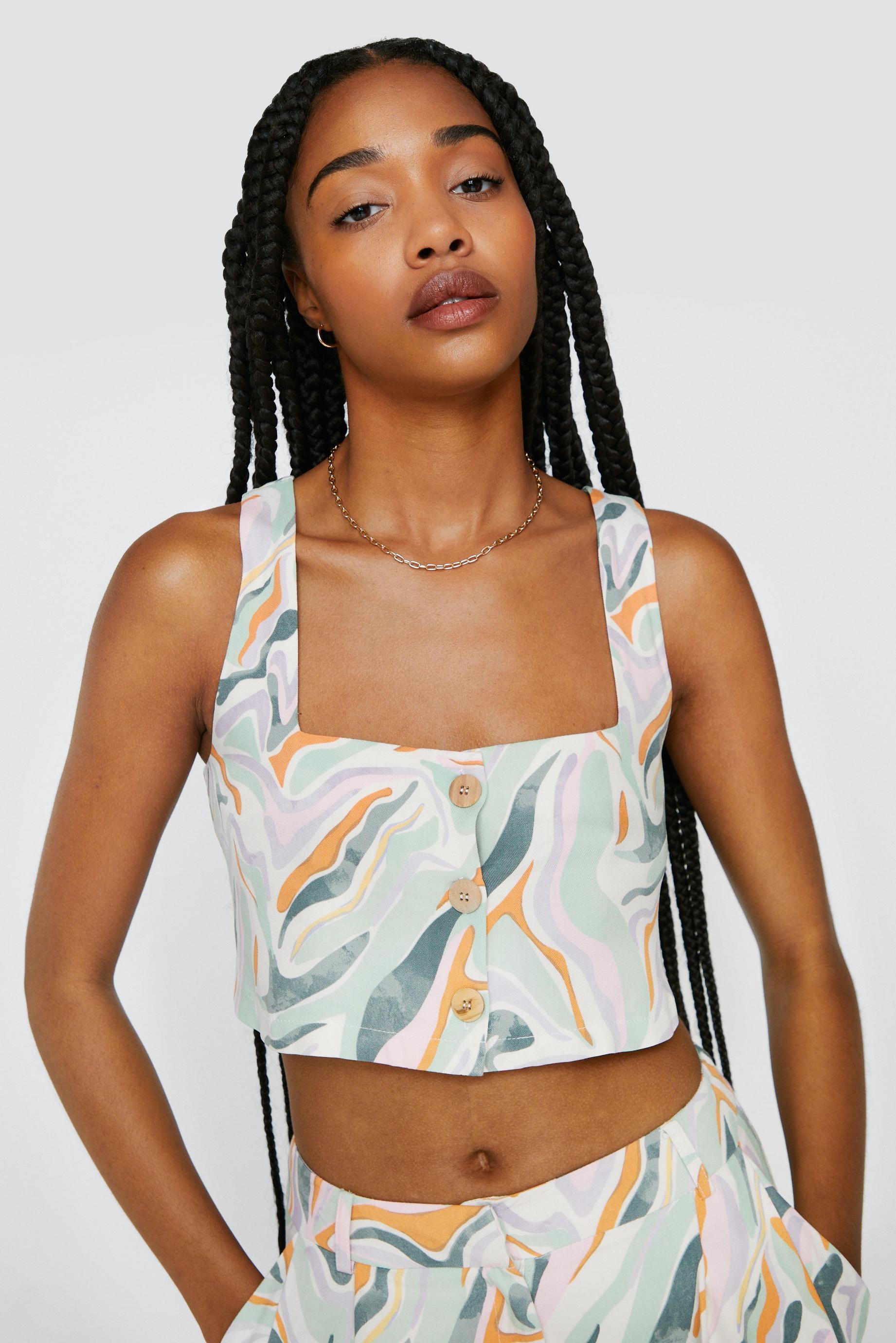 Marble Print Button Crop Top Two Piece
