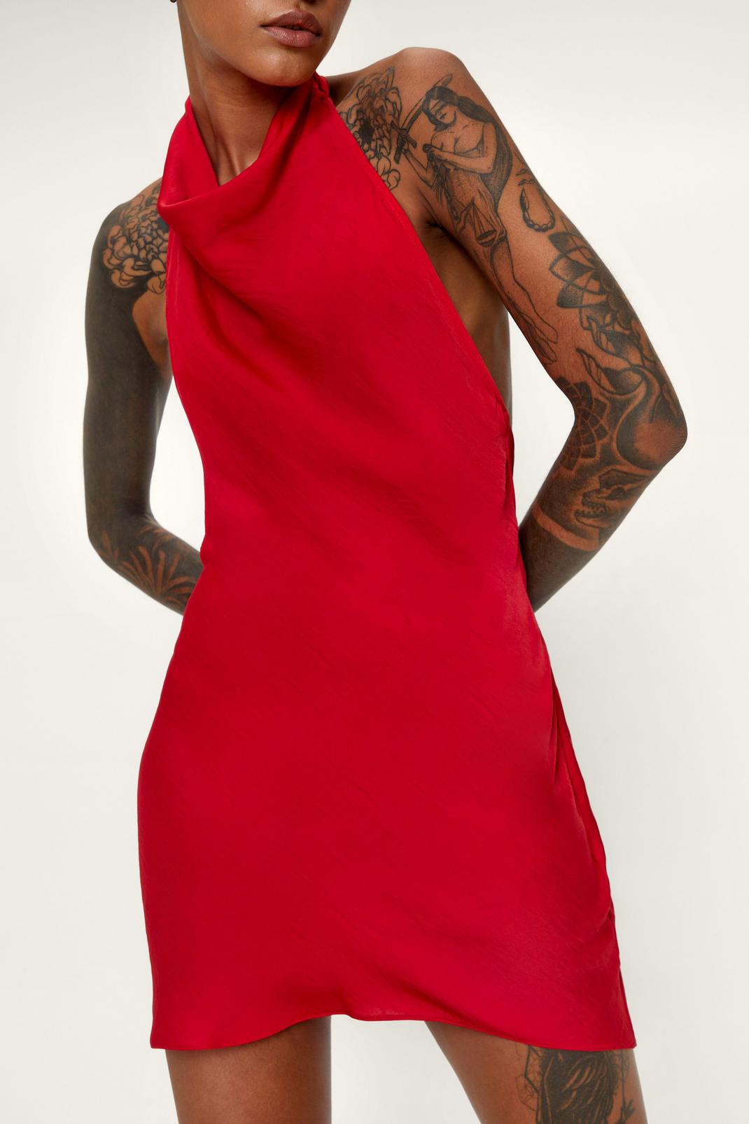Red Hammered Satin Cowl Low Back Mini Dress image number 1