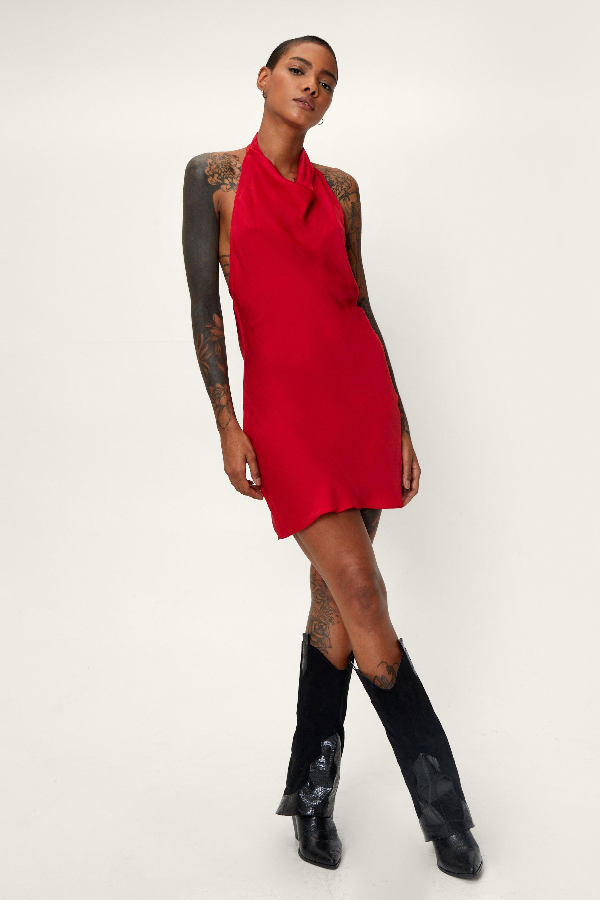 Red cowl back store dress