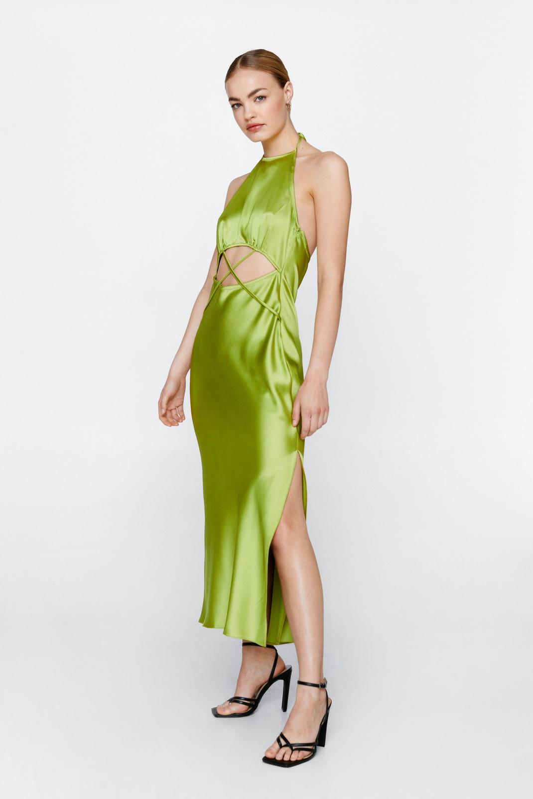 Lime Satin Strappy Cut Out Midi Dress image number 1