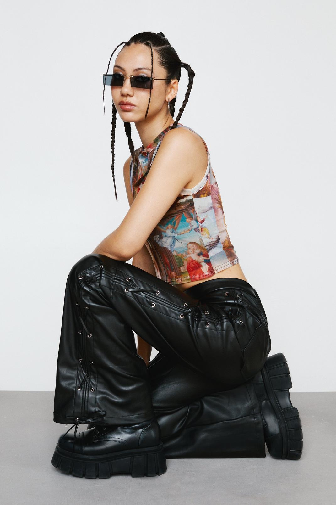 Black Faux Leather Lace Up Flared Pants image number 1