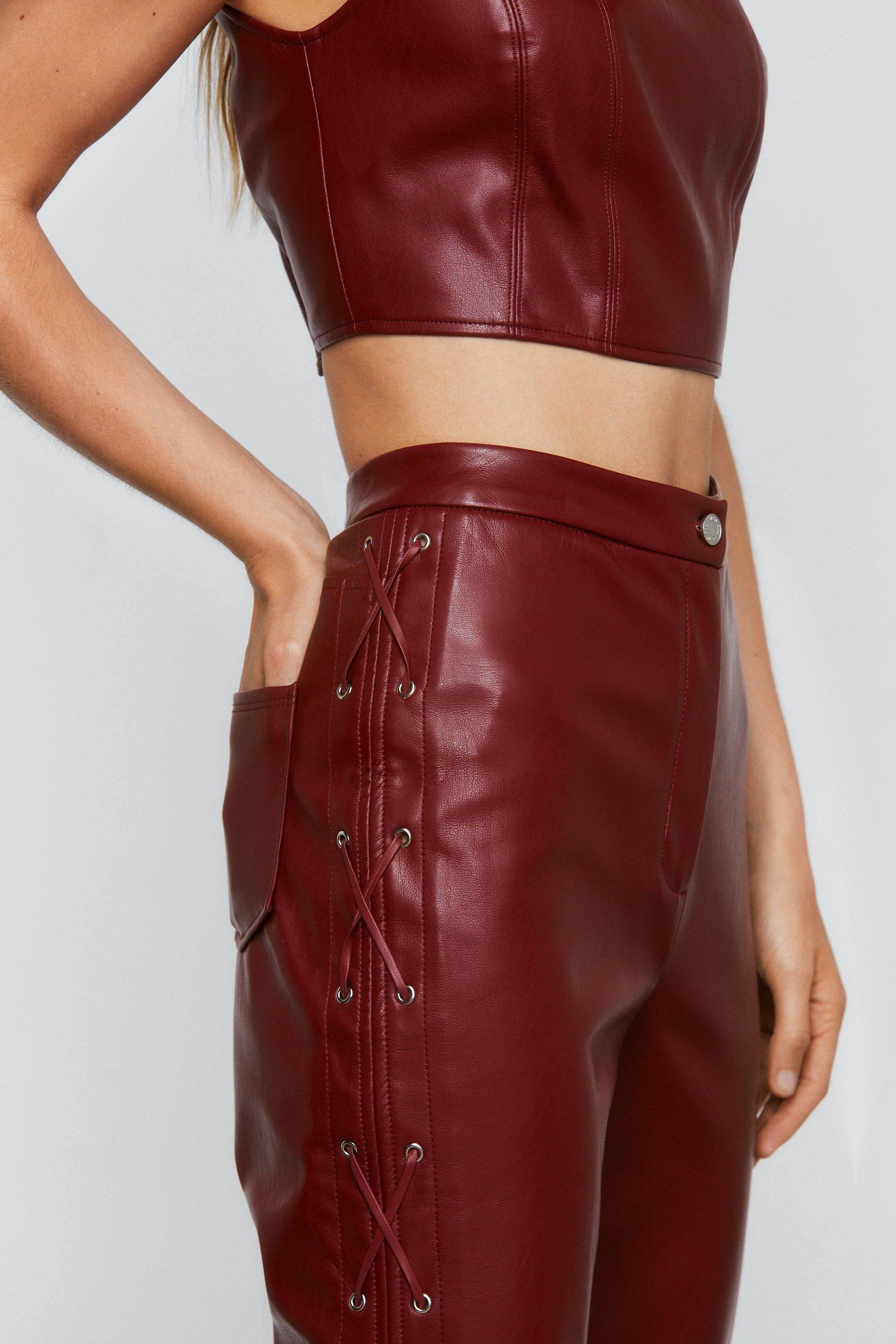 Chocolate Faux Leather Lace Up Flared Pants