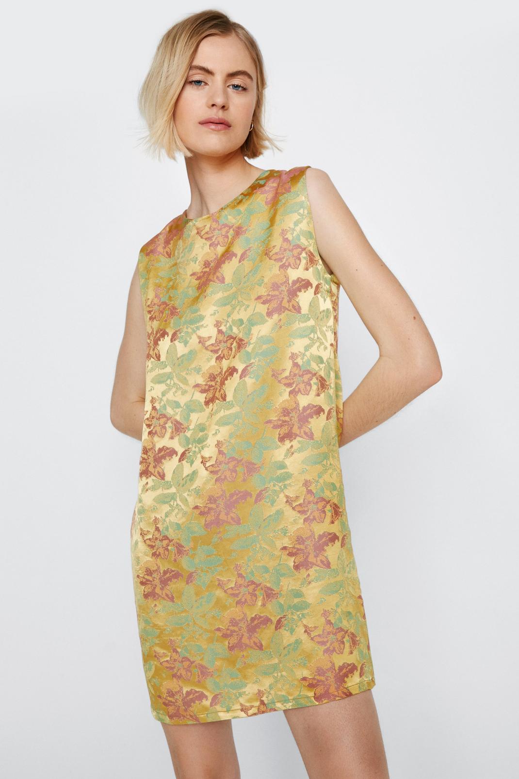 Robe droite satinée en jacquard à imprimé floral, Gold image number 1