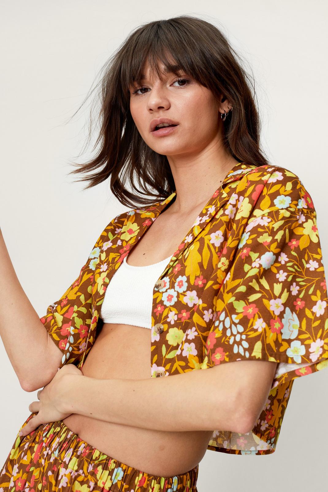 Chocolate Floral Cropped Oversized Shirt image number 1