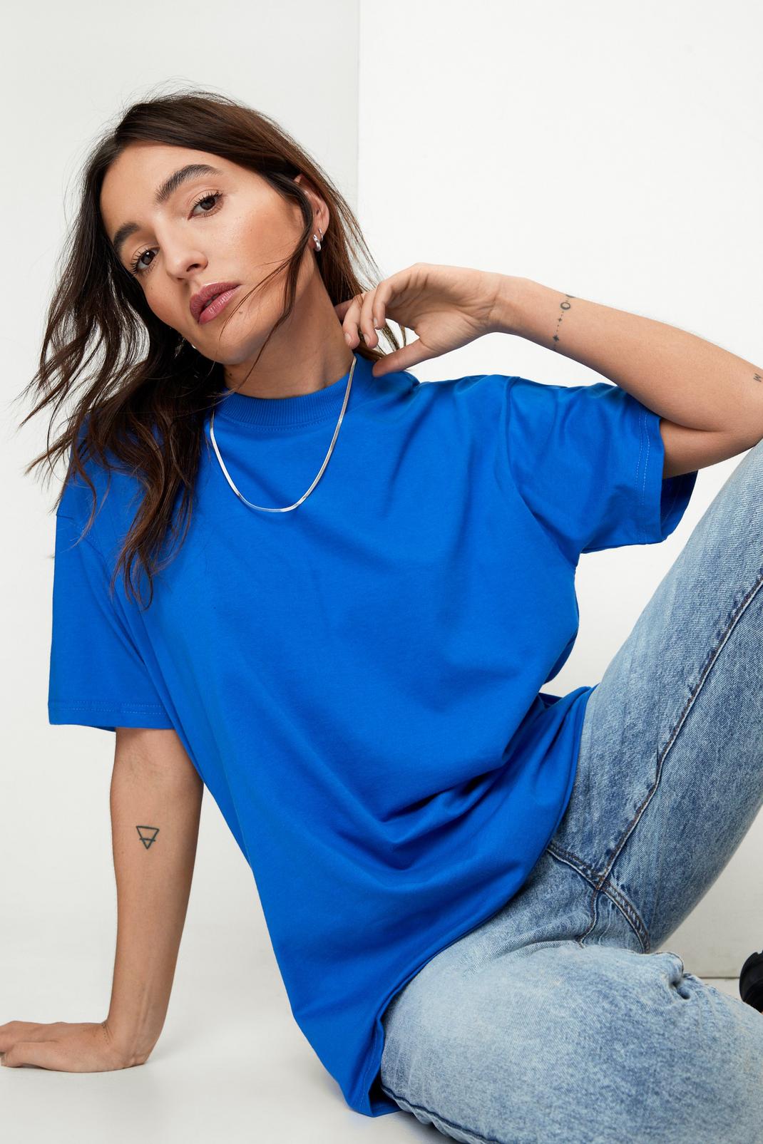 Petite - T-shirt oversize à col ras-du-cou en coton premium, Blue image number 1
