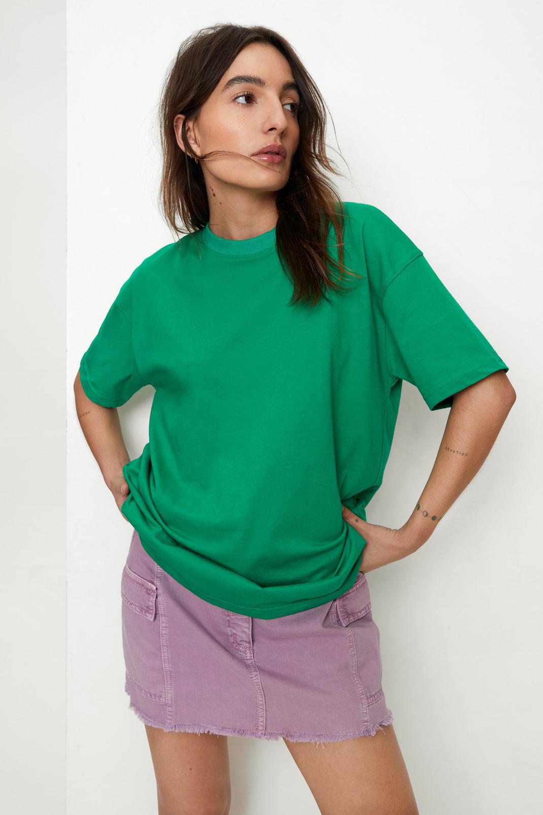 Green Petite Premium Cotton Crew Neck Oversized T-Shirt image number 1