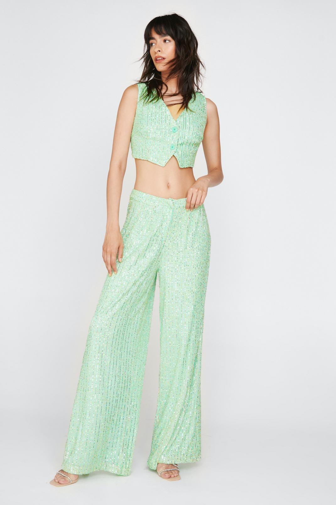 Green Multi Sequin Super Wide Leg Trousers image number 1